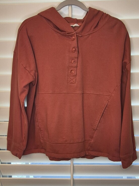 Cotton Bleu Tops - Cotton Bleu Henley Hoodie Pullover in Rust Autumn Orange Sz L Front Pouch Pocket